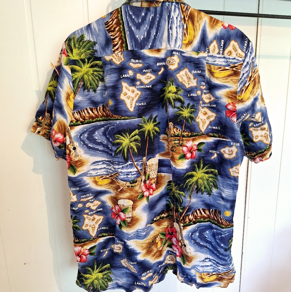 Vintage 80s Blue Hawaiian Button Down Shirt with Tropical Print Made In Hawaii - Picture 2 of 3